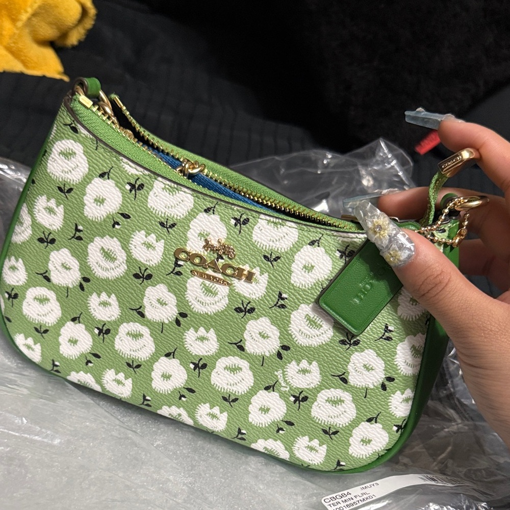 Coach Green and White Floral Wristlet